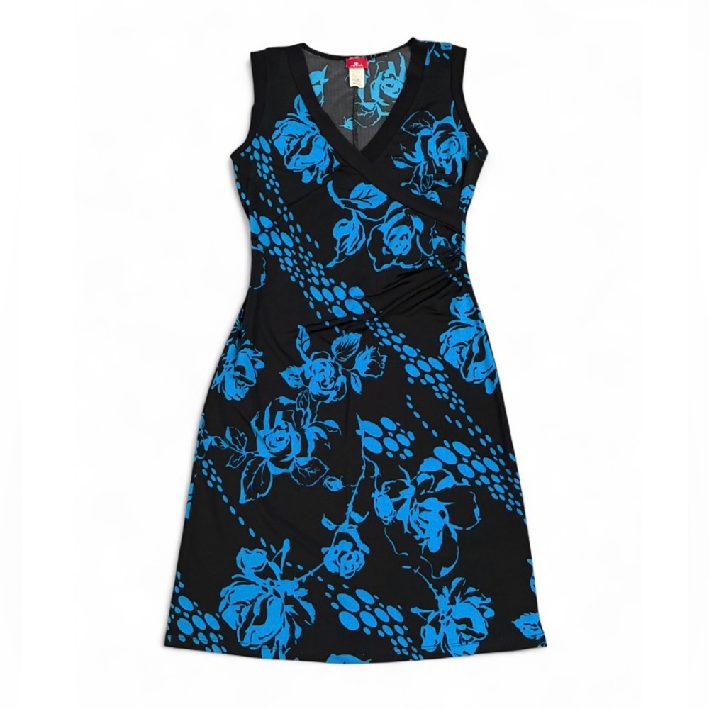 Mint | Y2K Faux Wrap Front Black and Blue Floral Dress Size Medium